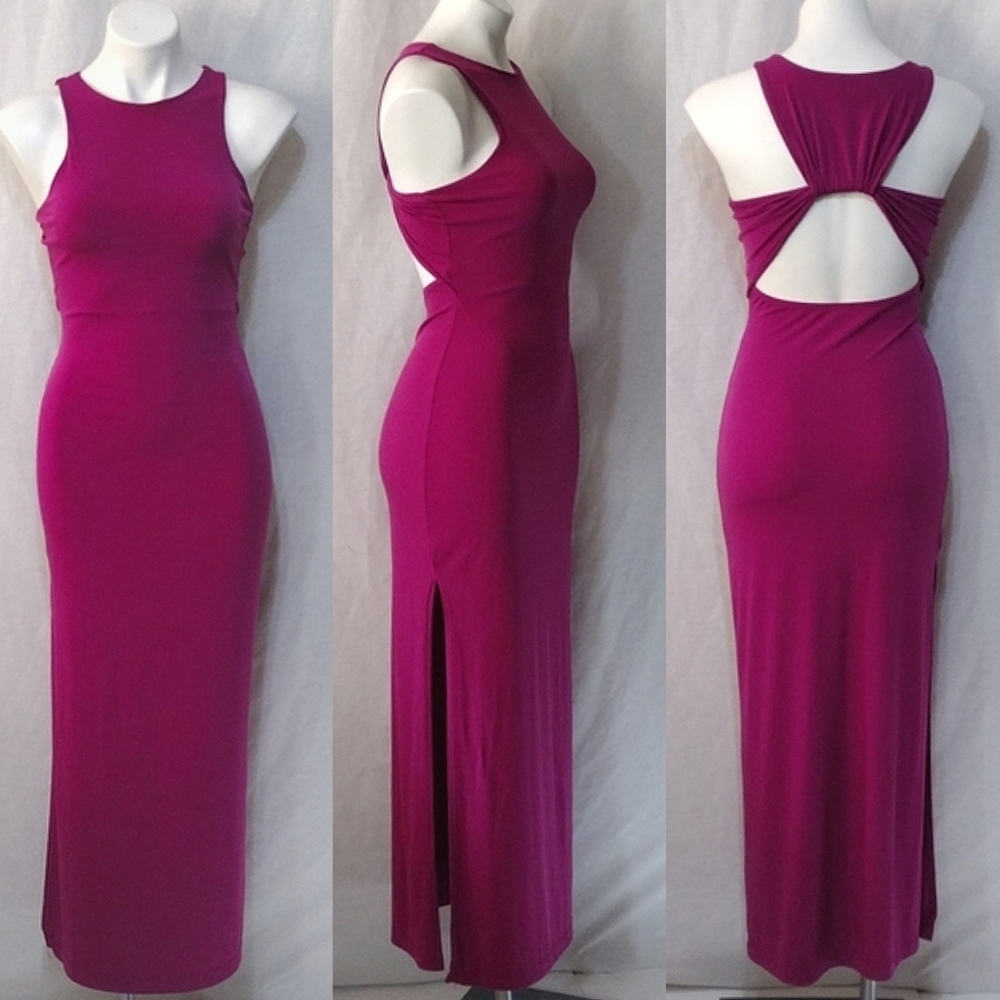 Snap Magenta Maxi Dress Bodycon Cutout Back Side Slit Racerback M Summer Glam